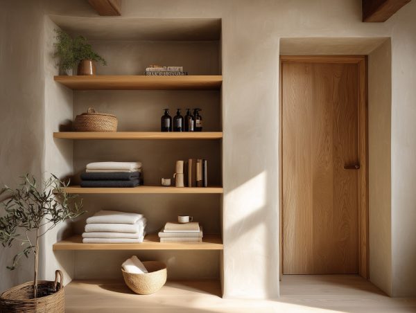 Solid Oak Alcove Shelves in Bathroom