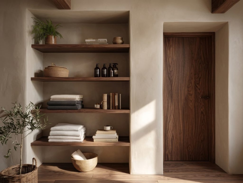 walnut alcove shelves